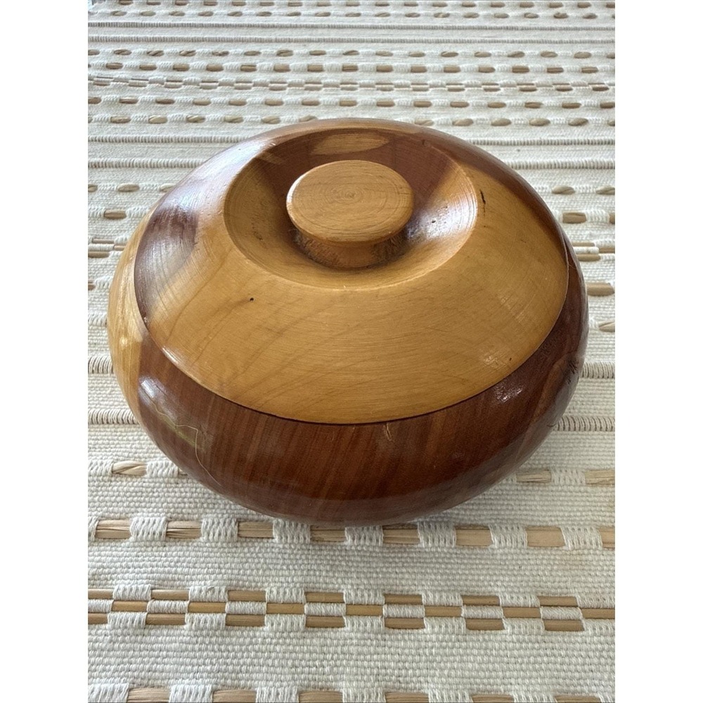 Vintage Hand turned Small Wood Bowl With‎ Lid Trinket Dish MCM